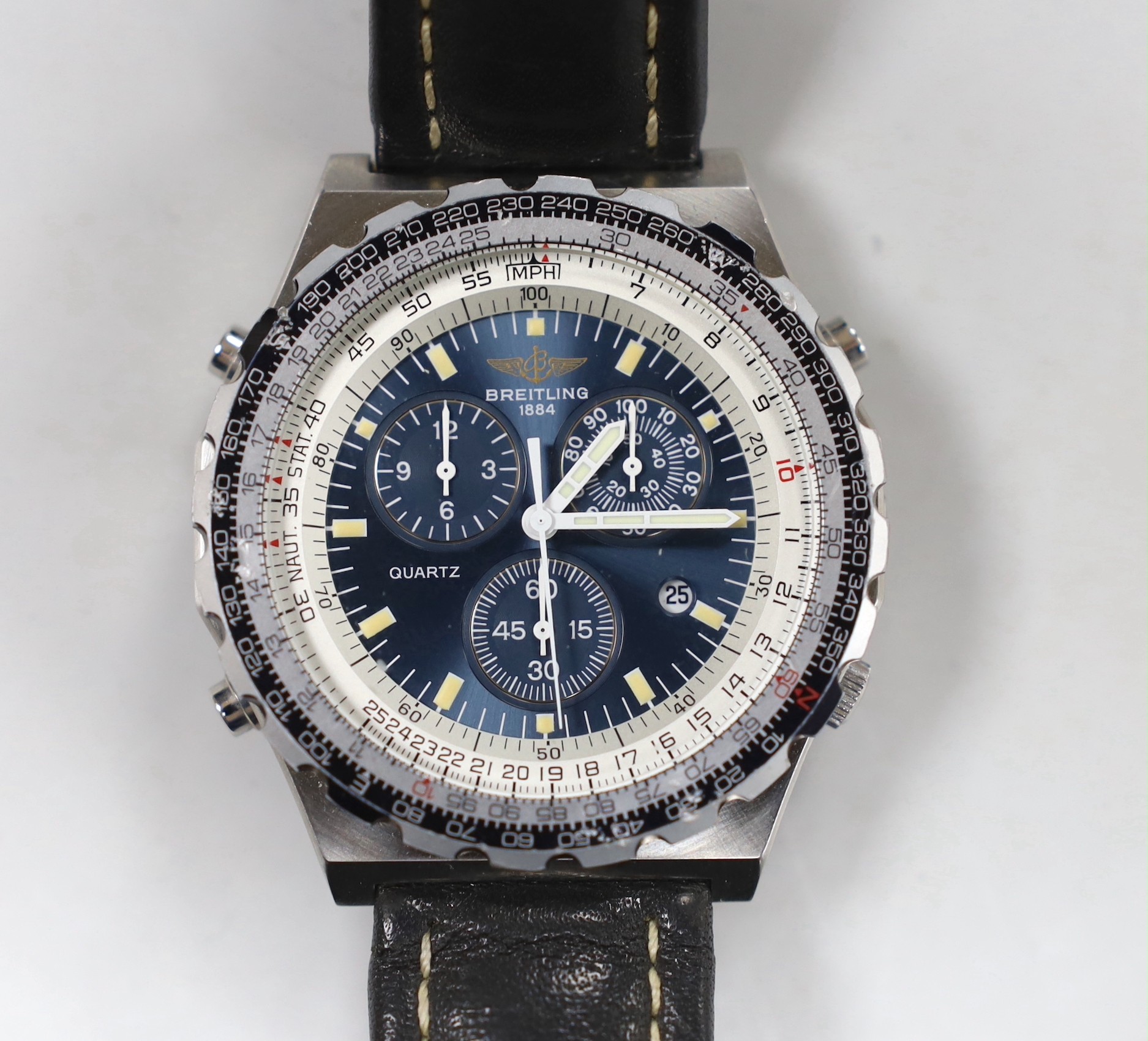 A gentleman's 1990's steel Breitling Navitimer Jupiter Pilot quartz wrist watch, with box and papers, case diameter 42mm, on Breitling leather strap.